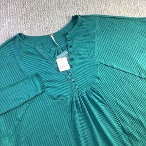 Free People Waffle Knit Henley Top Teal Green Size Small NWT
